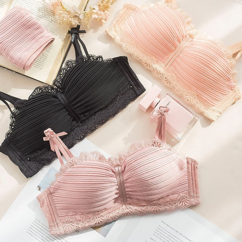 New For Women Lace Trim Half Cup Straps Bow Bralette Panties Wireless Underwear Lingerie Push Up Bra Sets