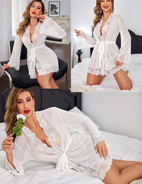 Women Lace Kimono Robe Babydoll Lingerie Mesh Chemise Nightgown Cover Up