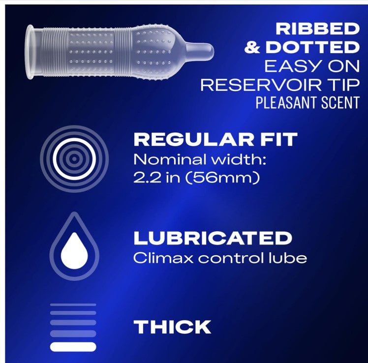 Condoms, Ultra Fine, Ribbed, Dotted with Delay Lubricant, Durex Performax Intense Natural Rubber Latex Condoms, 12 Count, Contains Desensitizing Lube for Men