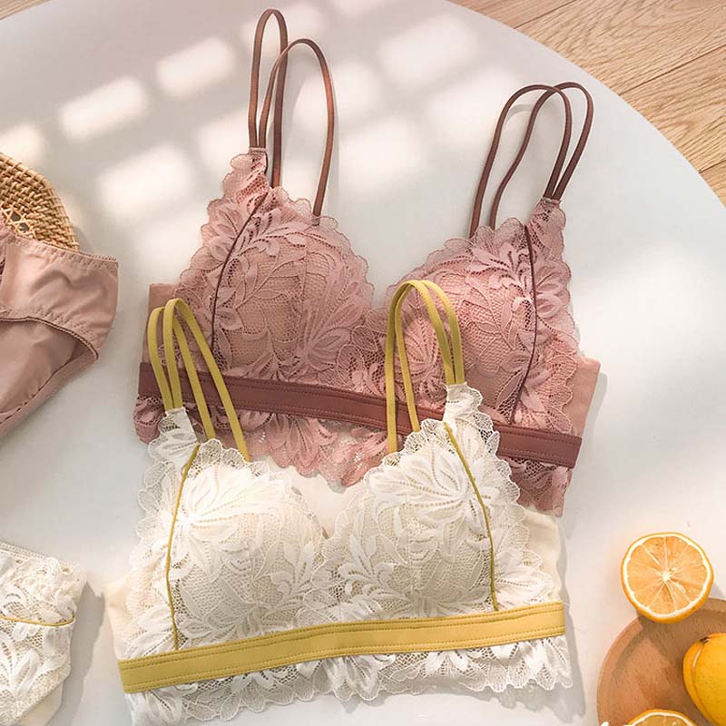 New For Women Lace Wireless Lingerie Set Cotton Panties Padded Cross Back Bra Sets Underwear A B