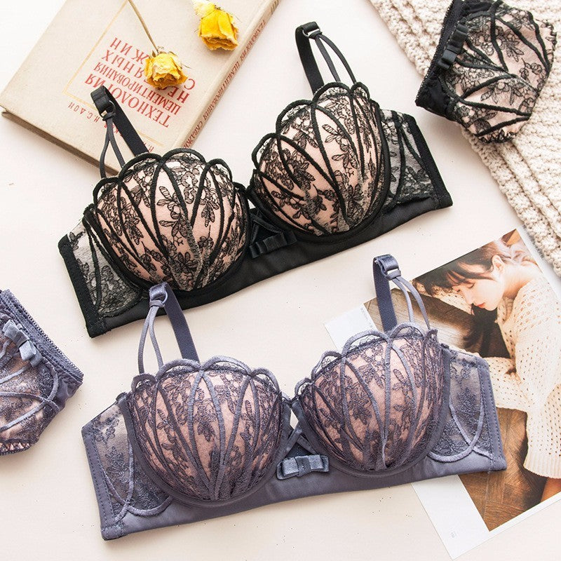 Women Red Lace Trim Mesh Padded Bras Bralette Hollow Cotton Panties Push Up  Lingerie Sets Underwear