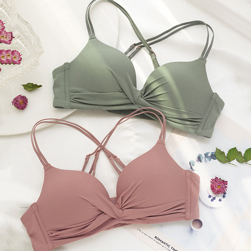 For Women Green Blue Bra Sets Padded Bralette Cross Back Cotton Panties Push Up Underwear  Wireless Lingerie