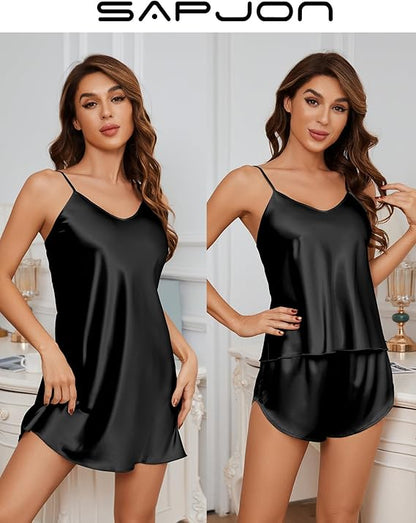 Silk Pajamas for Women 5Pcs Sleepwear Loungewear Satin Robe Cami Shorts Pj Set