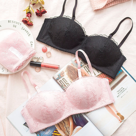 New For Women Pink Sexy Lingerie Lace Embroidery Half Cup Bralette Cotton Panties Wireless Bra Sets Underwear