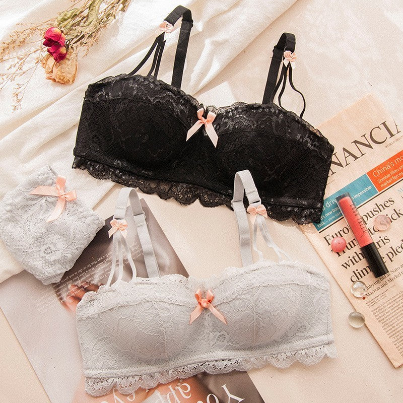 Women Purple Lingerie Lace Ruffle Straps Bralette Bow Soft Trim Padded Panties Push Up Wireless A B Bra Sets