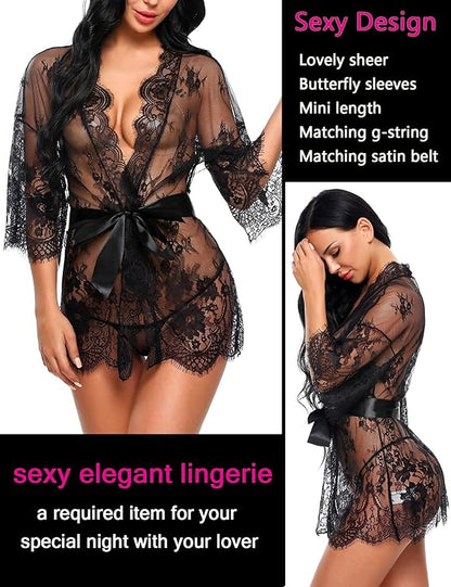 Women's Lace Kimono Robe Babydoll Lingerie Mesh Nightgown