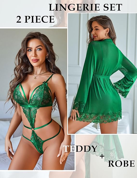Women  Lingerie Set 2 Piece Lace Teddy with Mesh Kimono Robe Bodysuit Nightgown