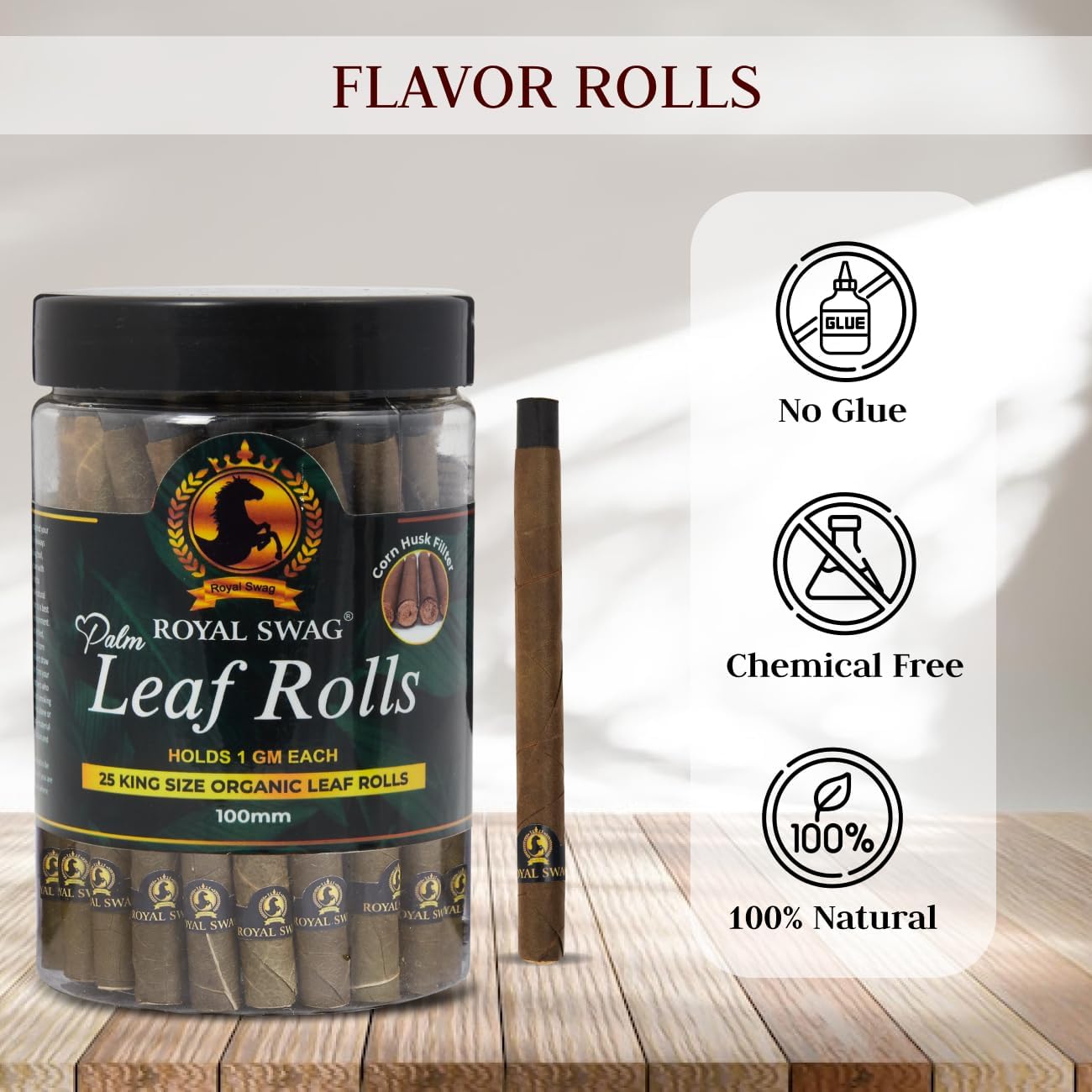 Royal Swag Natural Pre-Rolled Palm Leaf Cone Rolling Papers 25 Pcs King Size Palm Leaf Natural Cones with 1 Filling Stick Corn Husk Filter Preroll Cones 100 mm Length (25 Rolls Total)