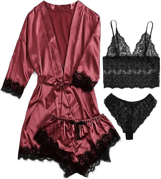 Women Lingerie Sleepwear Satin Pajamas Set 4pcs Lace Cami Nightgown with Robe