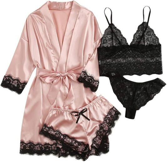 Women Lingerie Sleepwear Satin Pajamas Set 4pcs Lace Cami Nightgown with Robe (Pink And Black)