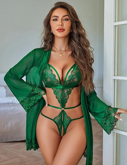 Women  Lingerie Set 2 Piece Lace Teddy with Mesh Kimono Robe Bodysuit Nightgown