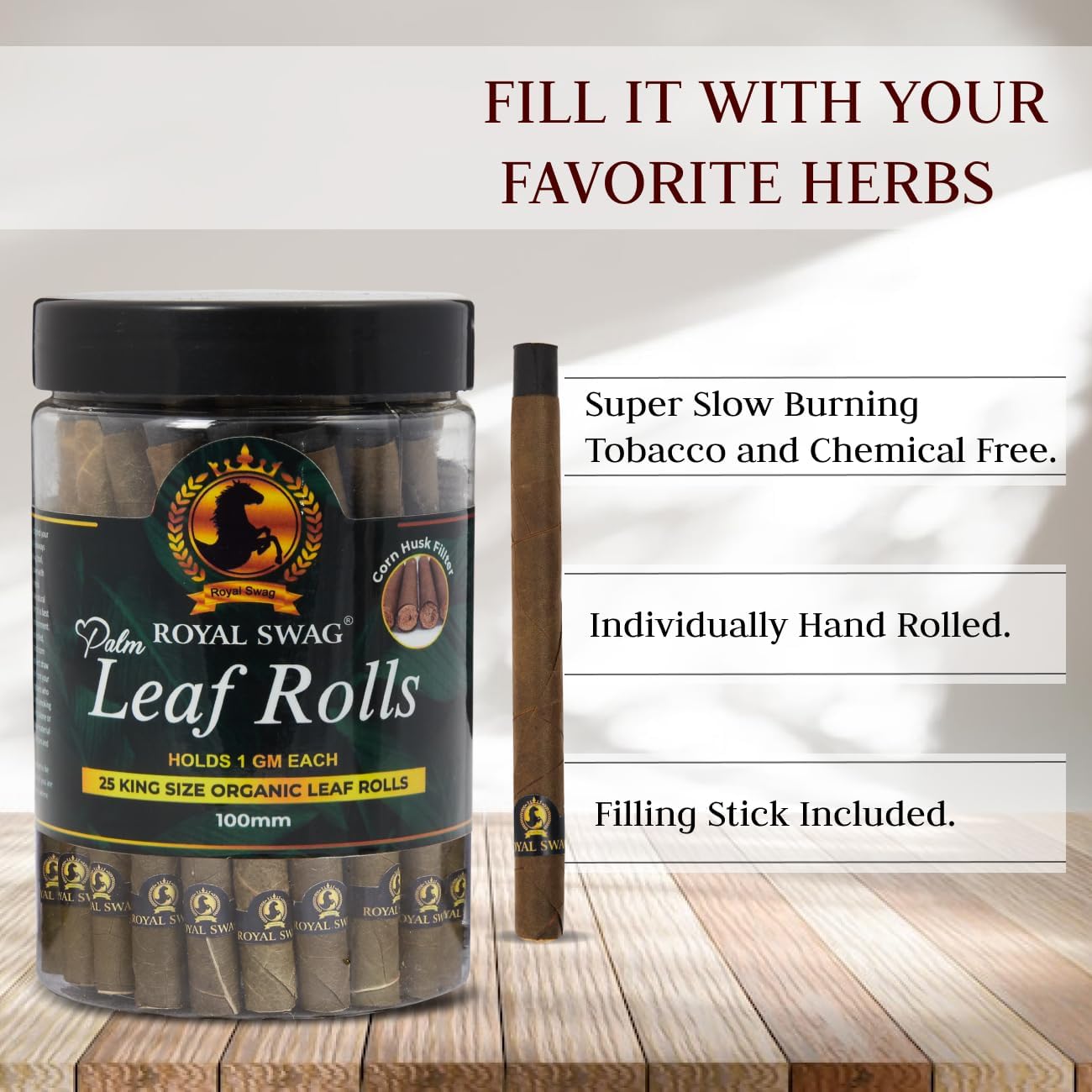 Royal Swag Natural Pre-Rolled Palm Leaf Cone Rolling Papers 25 Pcs King Size Palm Leaf Natural Cones with 1 Filling Stick Corn Husk Filter Preroll Cones 100 mm Length (25 Rolls Total)