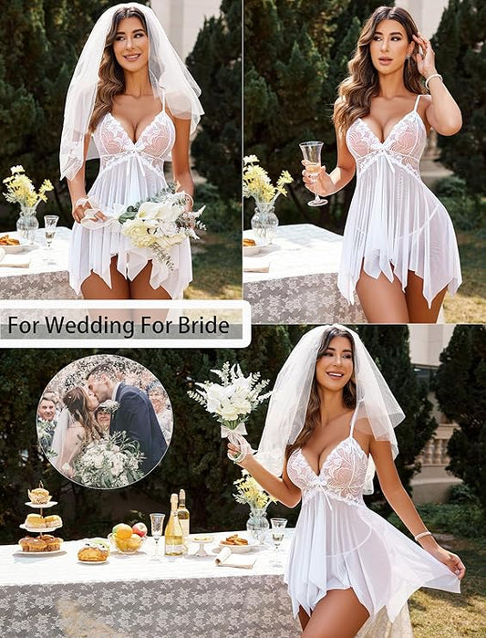 Women's Lace Kimono Robe Babydoll Lingerie Mesh Nightgown