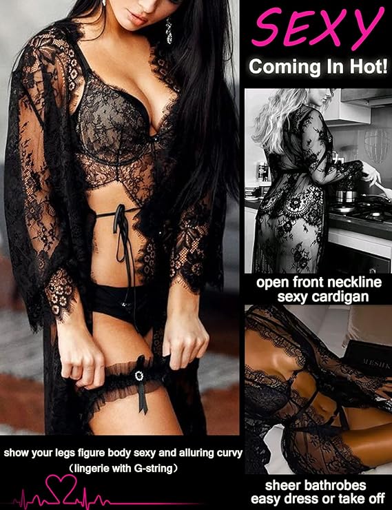 Women's Lace Kimono Robe Babydoll Lingerie Mesh Nightgown