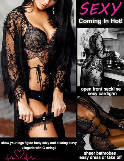 Women's Lace Kimono Robe Babydoll Lingerie Mesh Nightgown