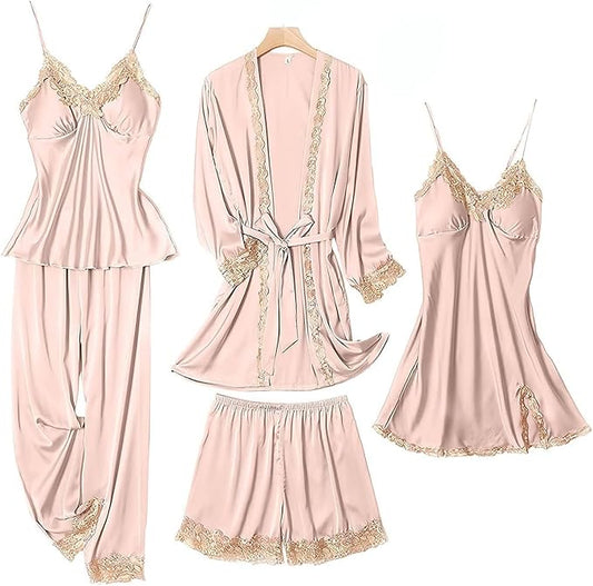 Womens Pajama Sets 5PCS Silk Pajamas for women Cute Sleepwear Loungewear Satin Pajamas Sets for Women Soft
