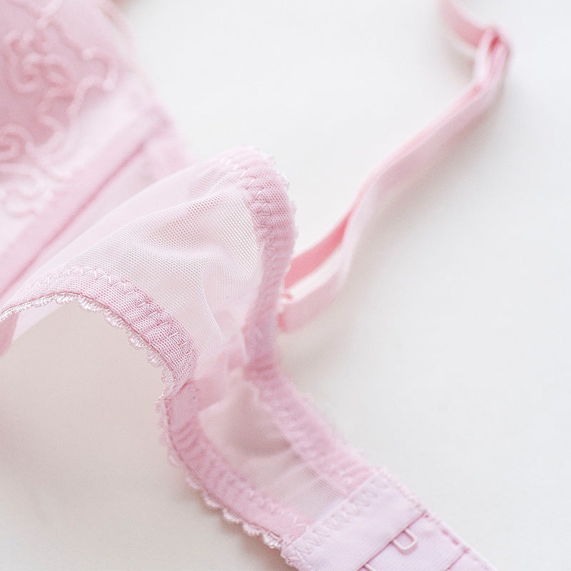 New For Women Pink Sexy Lingerie Lace Embroidery Half Cup Bralette Cotton Panties Wireless Bra Sets Underwear