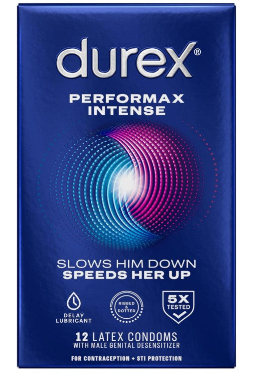 Condoms, Ultra Fine, Ribbed, Dotted with Delay Lubricant, Durex Performax Intense Natural Rubber Latex Condoms, 12 Count, Contains Desensitizing Lube for Men