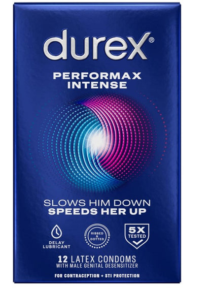 Condoms, Ultra Fine, Ribbed, Dotted with Delay Lubricant, Durex Performax Intense Natural Rubber Latex Condoms, 12 Count, Contains Desensitizing Lube for Men