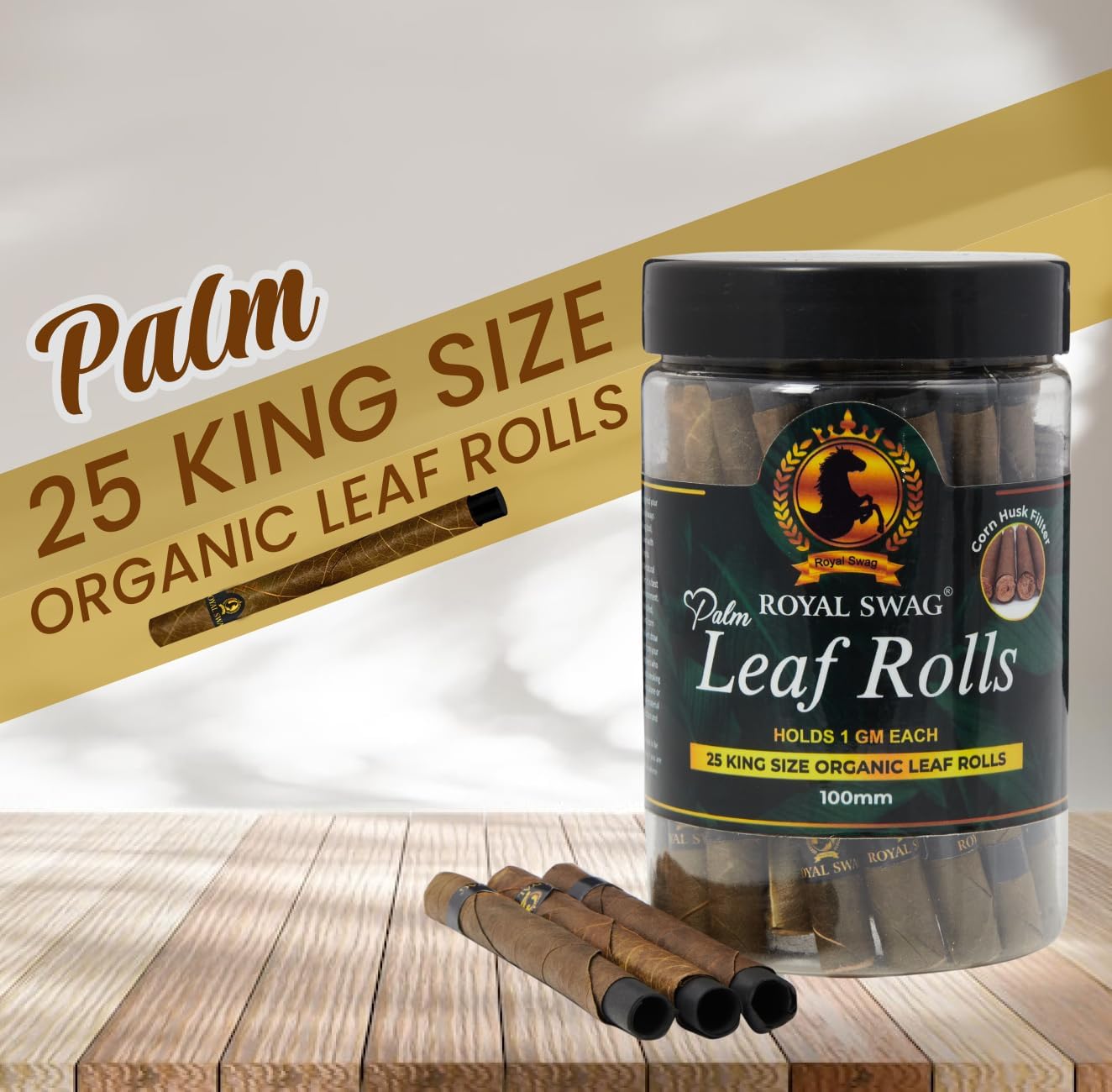 Royal Swag Natural Pre-Rolled Palm Leaf Cone Rolling Papers 25 Pcs King Size Palm Leaf Natural Cones with 1 Filling Stick Corn Husk Filter Preroll Cones 100 mm Length (25 Rolls Total)