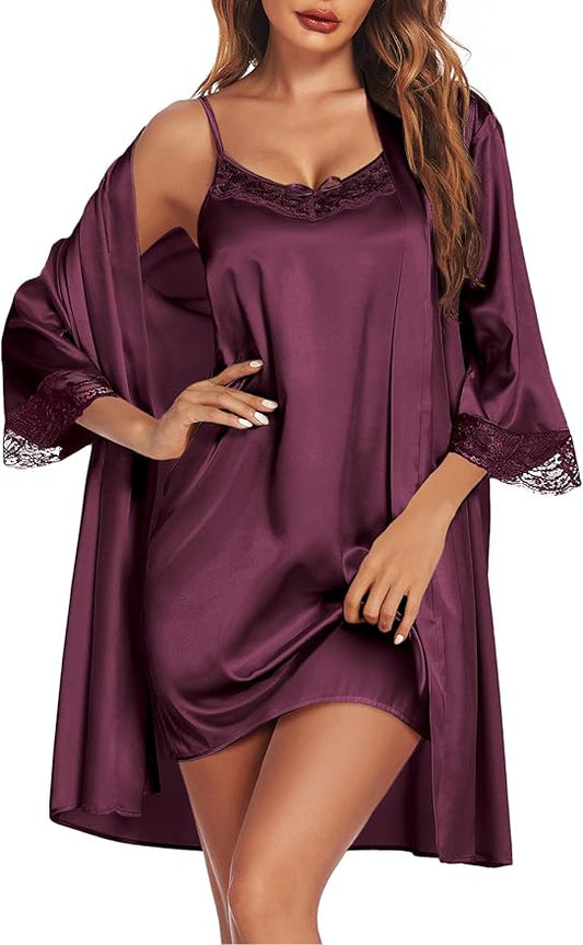 leepwear Women's Satin Nightgown with Robes Set 2 Piece  Lace Cami Nightwear