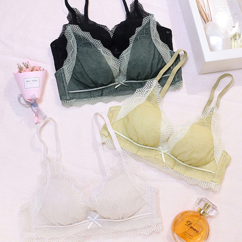 New For Women Green Yellow Bra Sets Lace Bow Bralette Panties Wireless Padded Underwear  Lingerie Sets A B