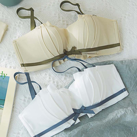 Fashion Women Yellow  Lingerie Lace Bow Bralette Invisible Cotton Panties Padded Wireless Bra Sets Lingerie A B